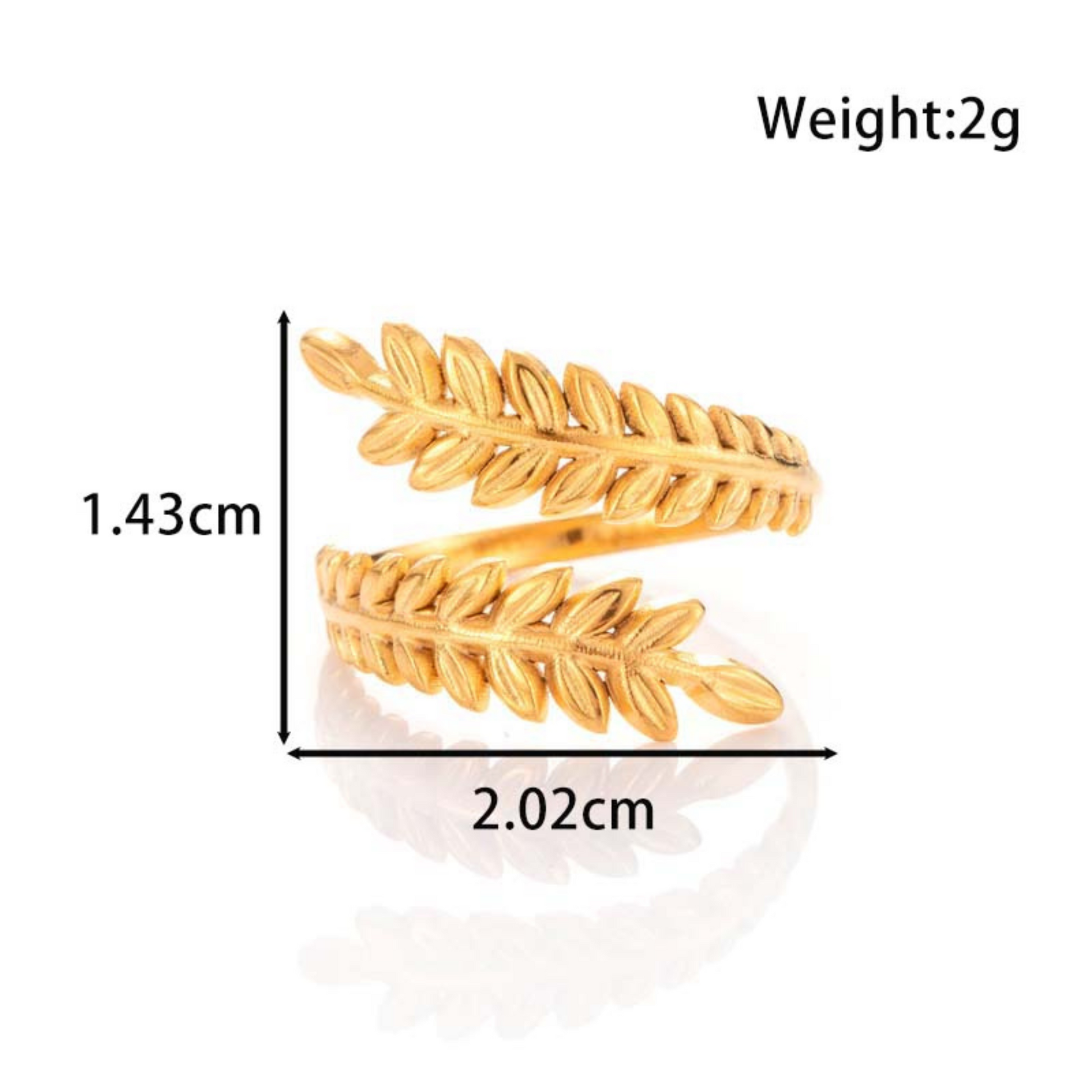 Gold leaf-shaped ring with measurements and weight on a white background