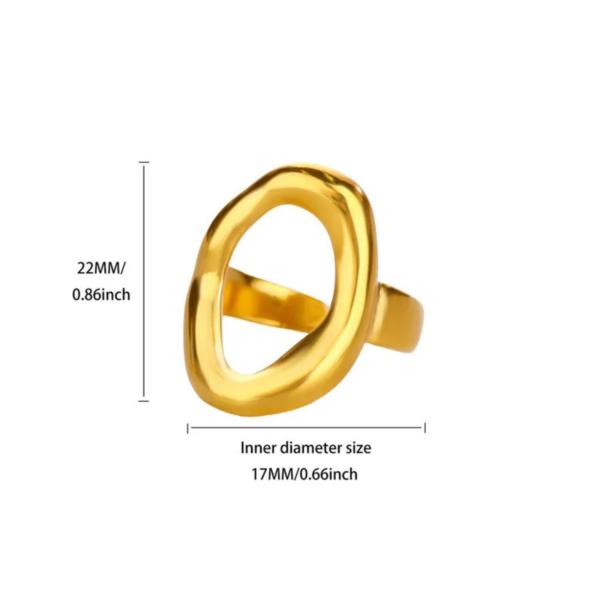 Gold ring with measurements on a white background