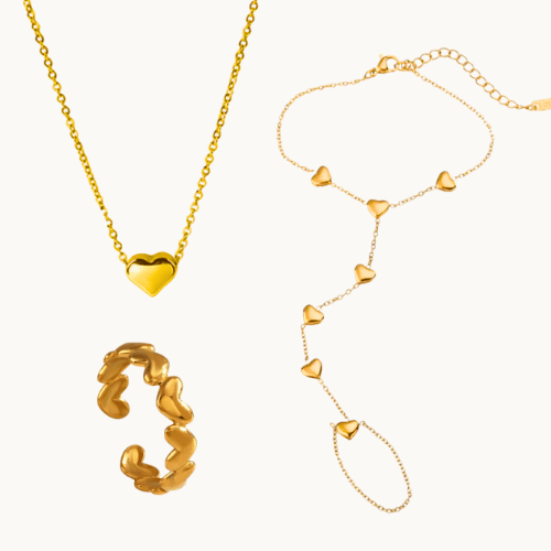 Heart Trio 3 Pc Necklace, Ring & Handchain Set