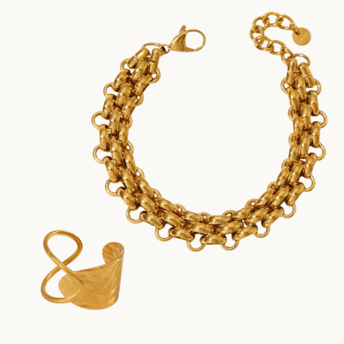Bold Golden 2 Pc Bracelet & Ring Set