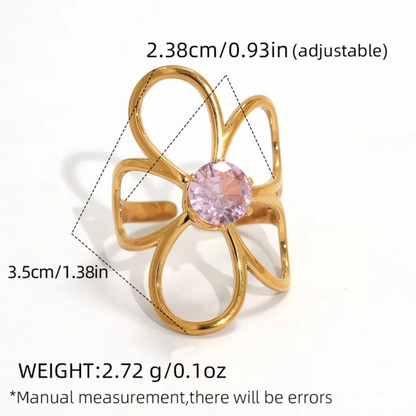 Gold ring with a pink gemstone and measurement details on a white background