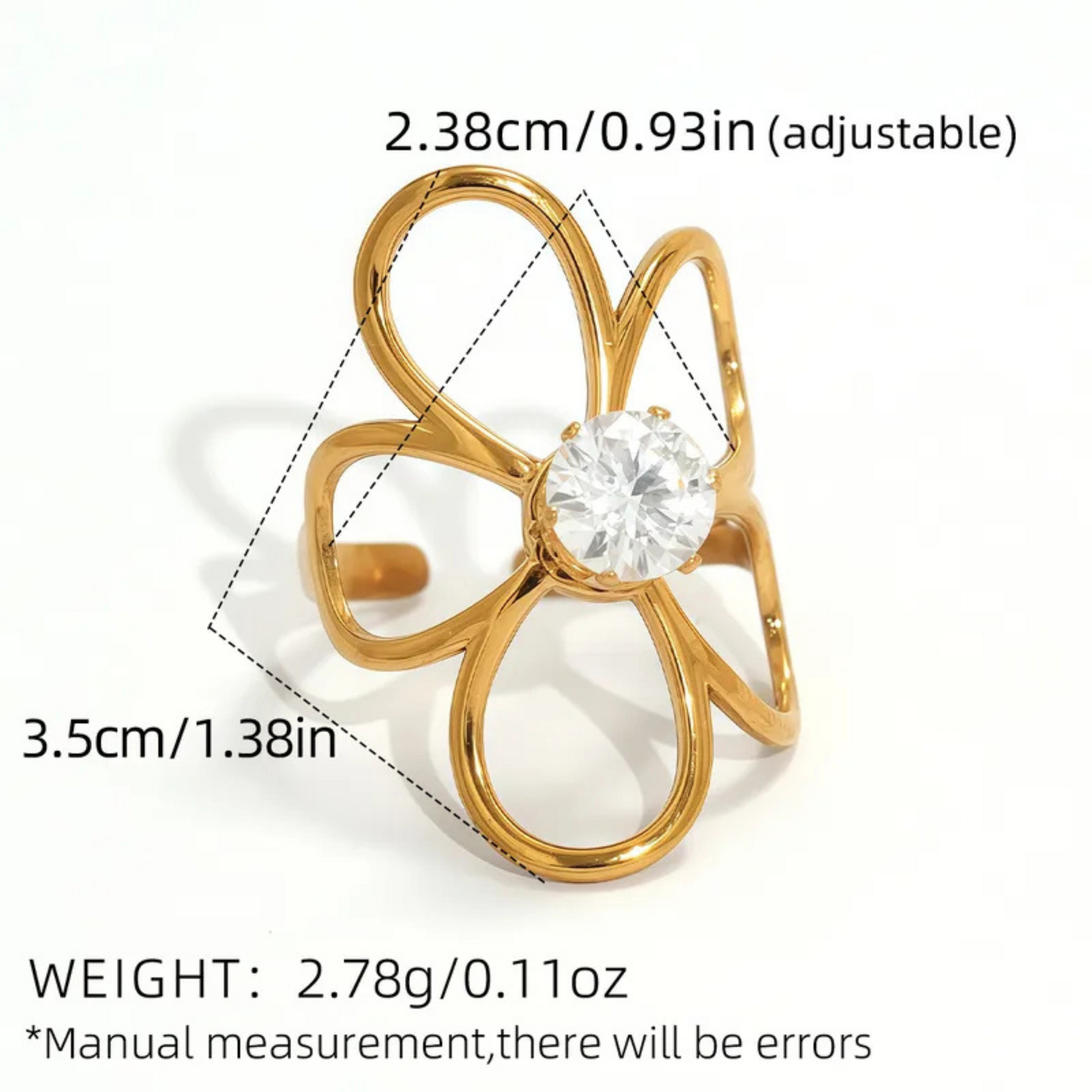 Gold ring with a diamond, showing measurements and weight on a white background