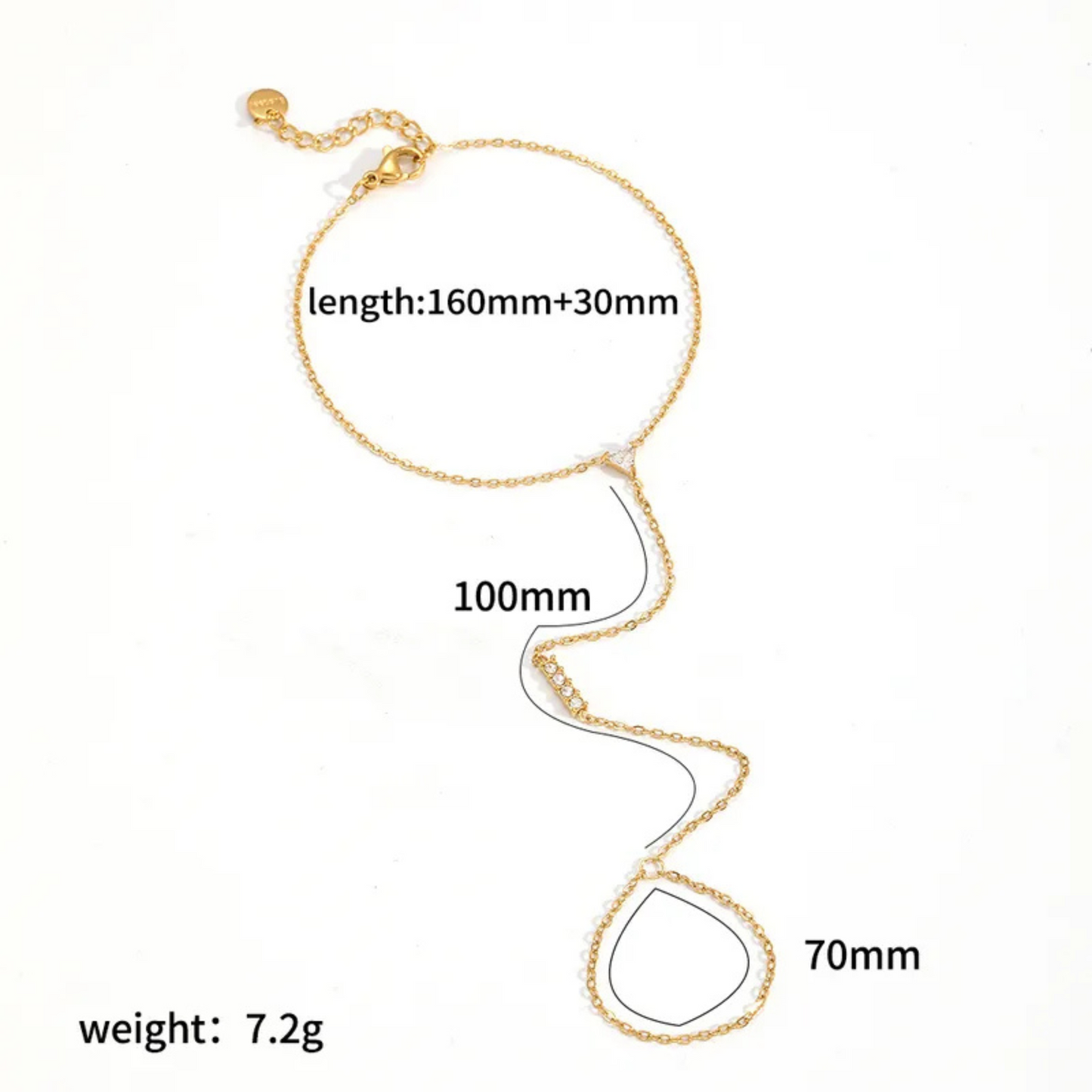Gold ring bracelet with measurements on a white background