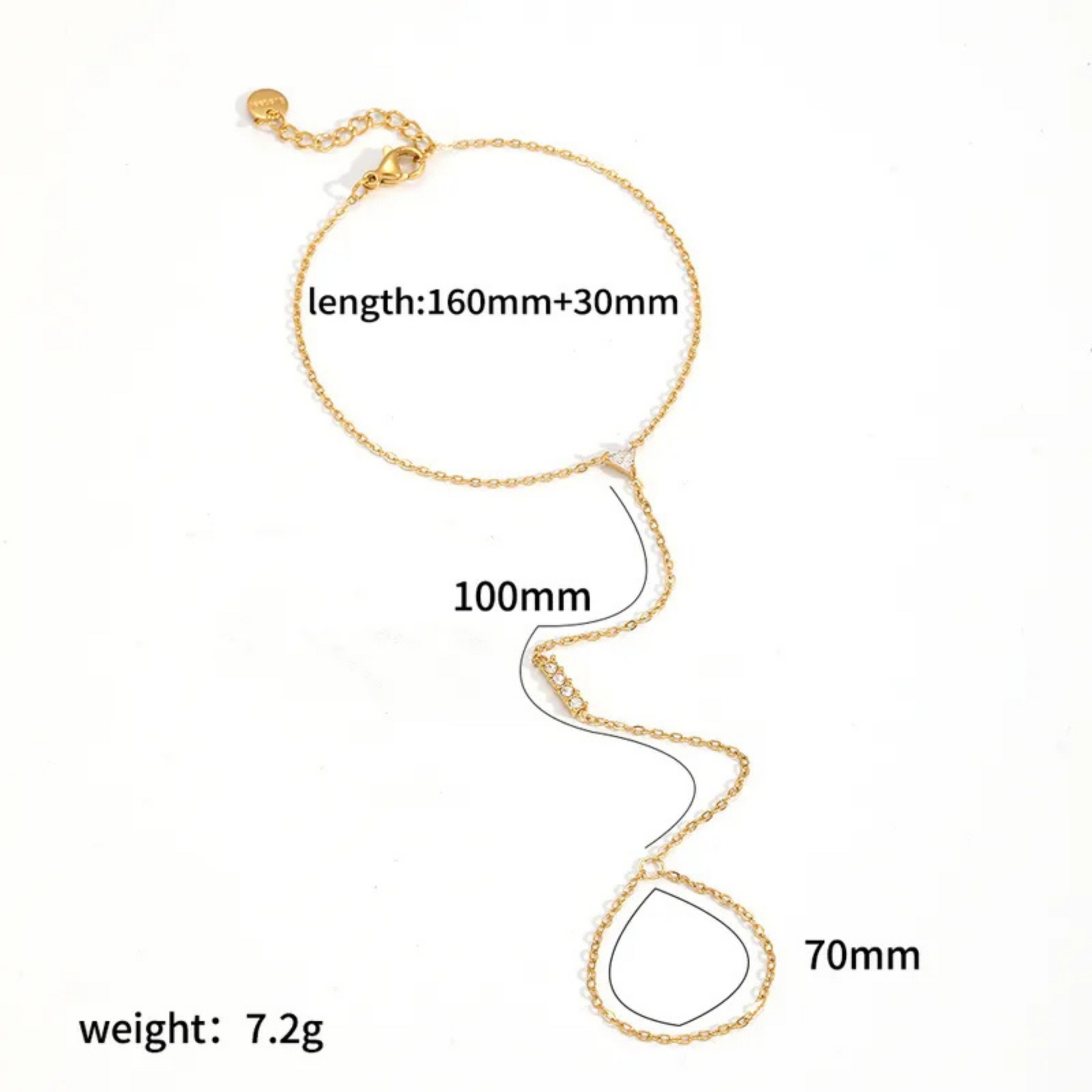 Gold ring bracelet with measurements on a white background