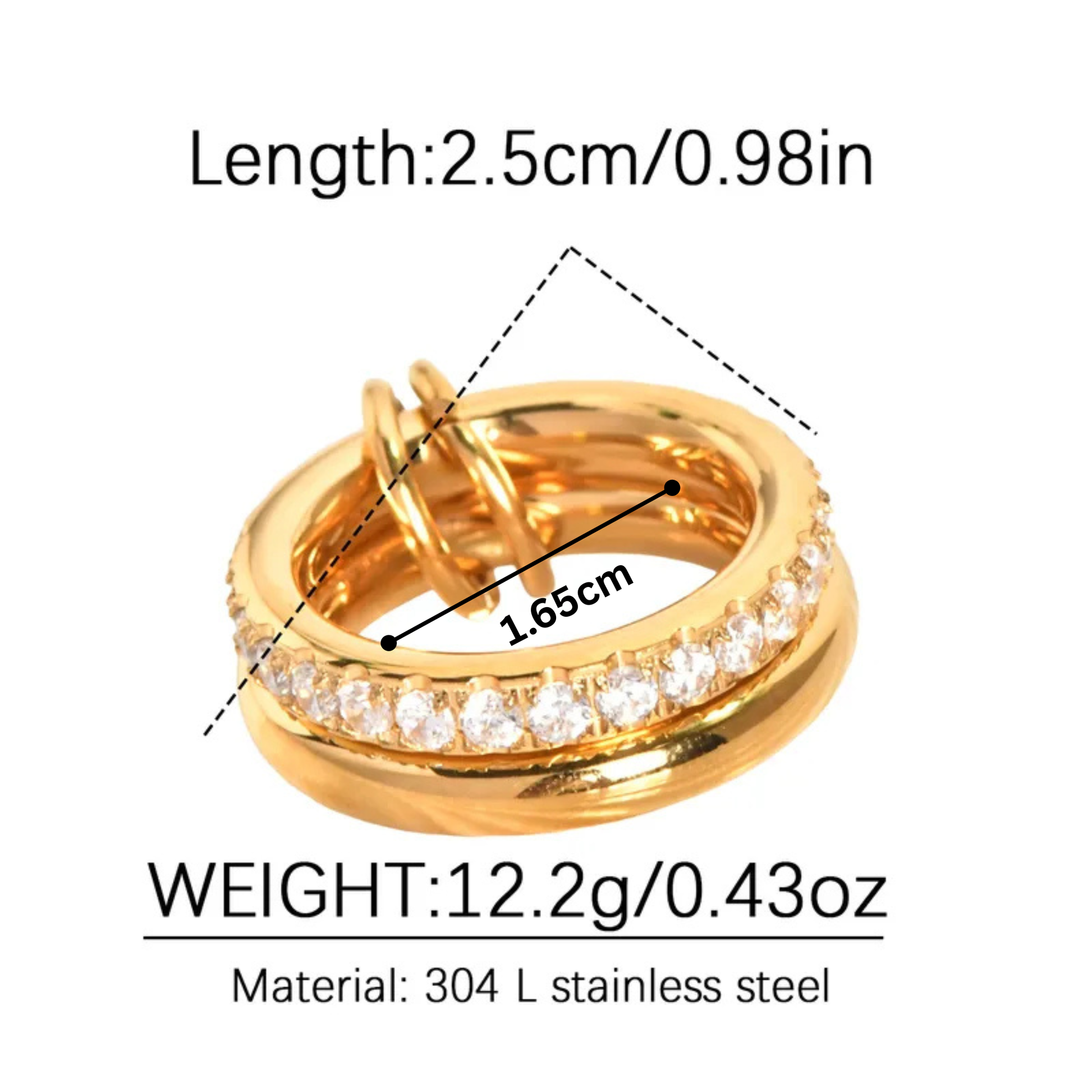 Gold ring with measurements and weight details on a white background