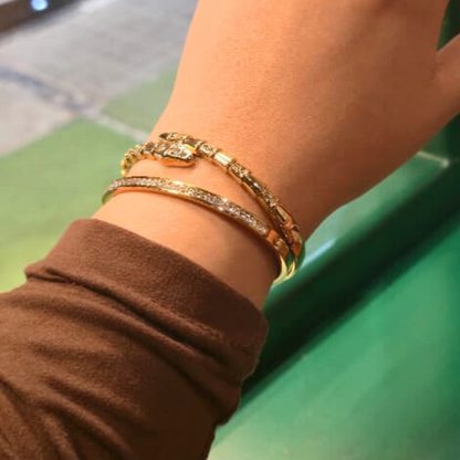 Close-up of a wrist wearing two gold bracelets with a blurred green background