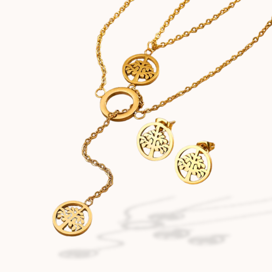 Gold necklace and earrings set on a white background