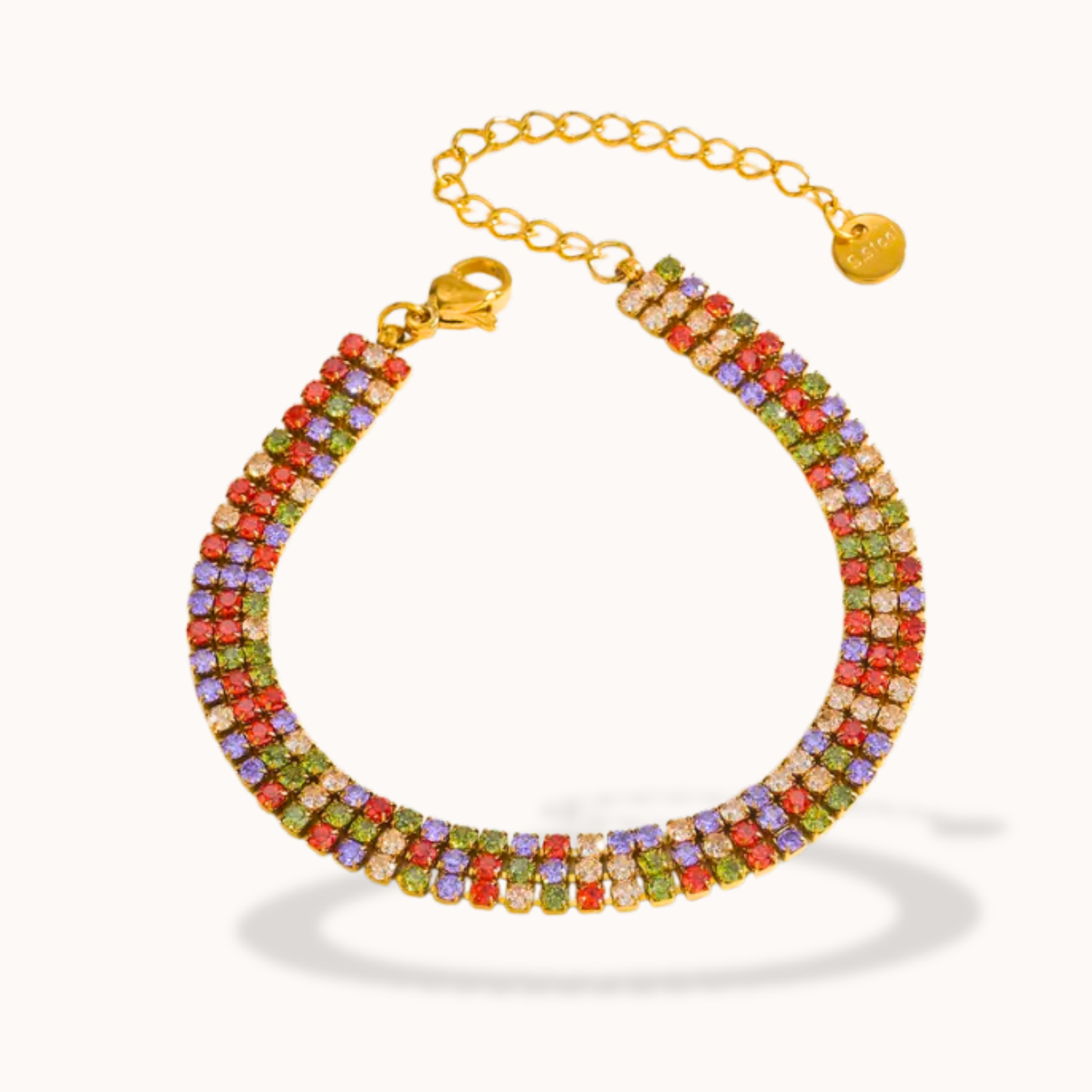 Multicolored beaded bracelet with gold clasp on a white background