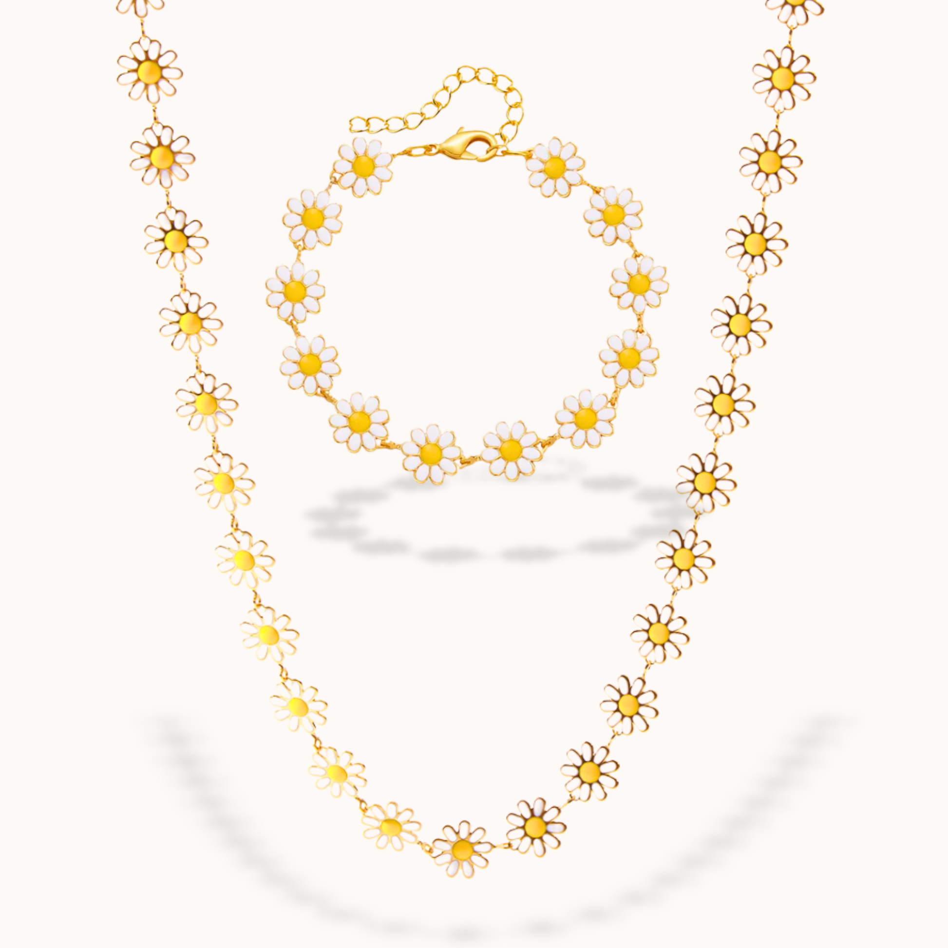 Floral necklace and bracelet with yellow flowers on a white background