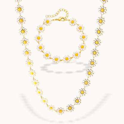 Floral necklace and bracelet with yellow flowers on a white background