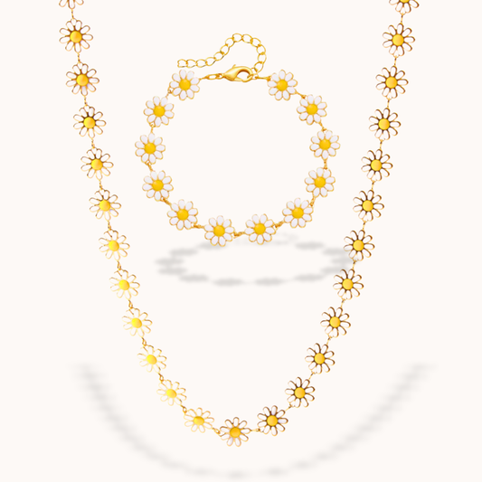Floral necklace and bracelet with yellow flowers on a white background