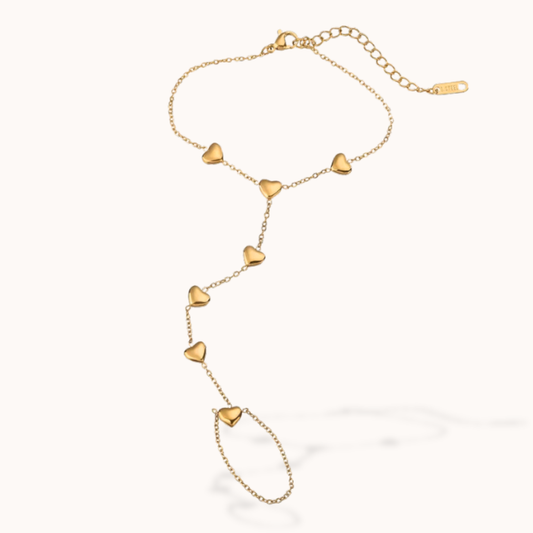 Gold heart-shaped necklace on a white background