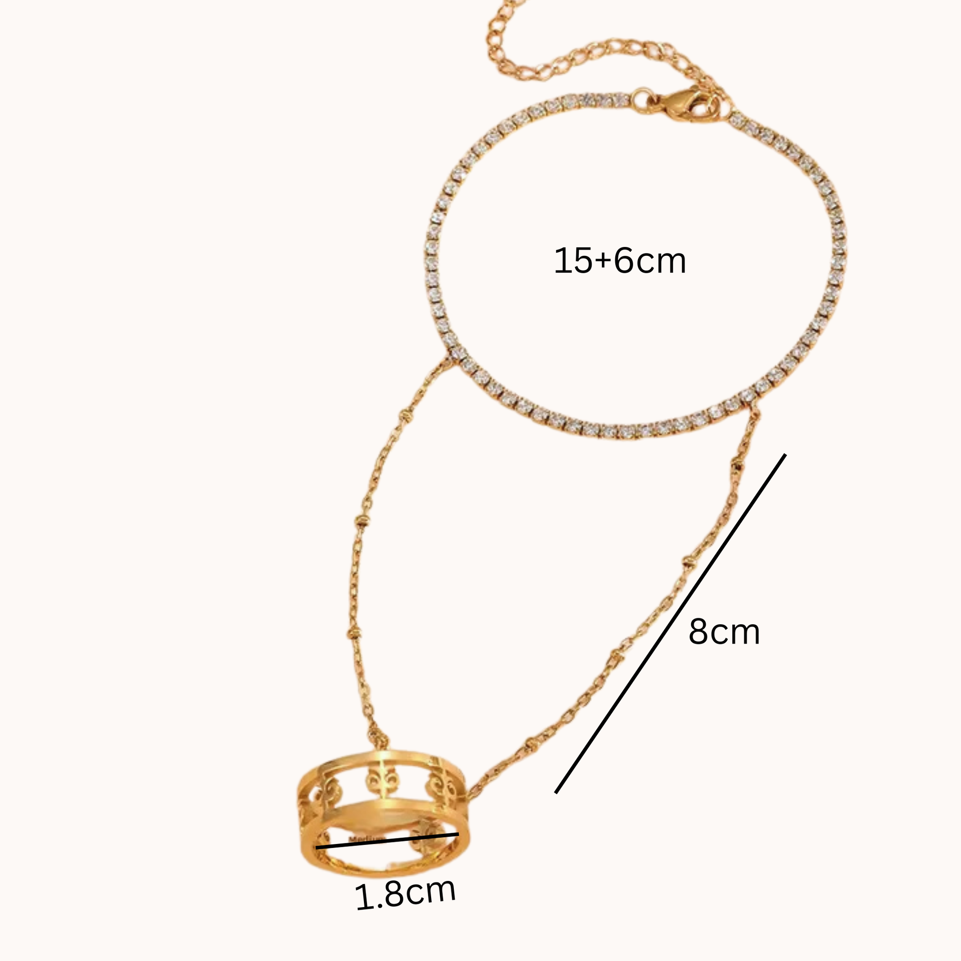 Gold necklace with measurements on a white background
