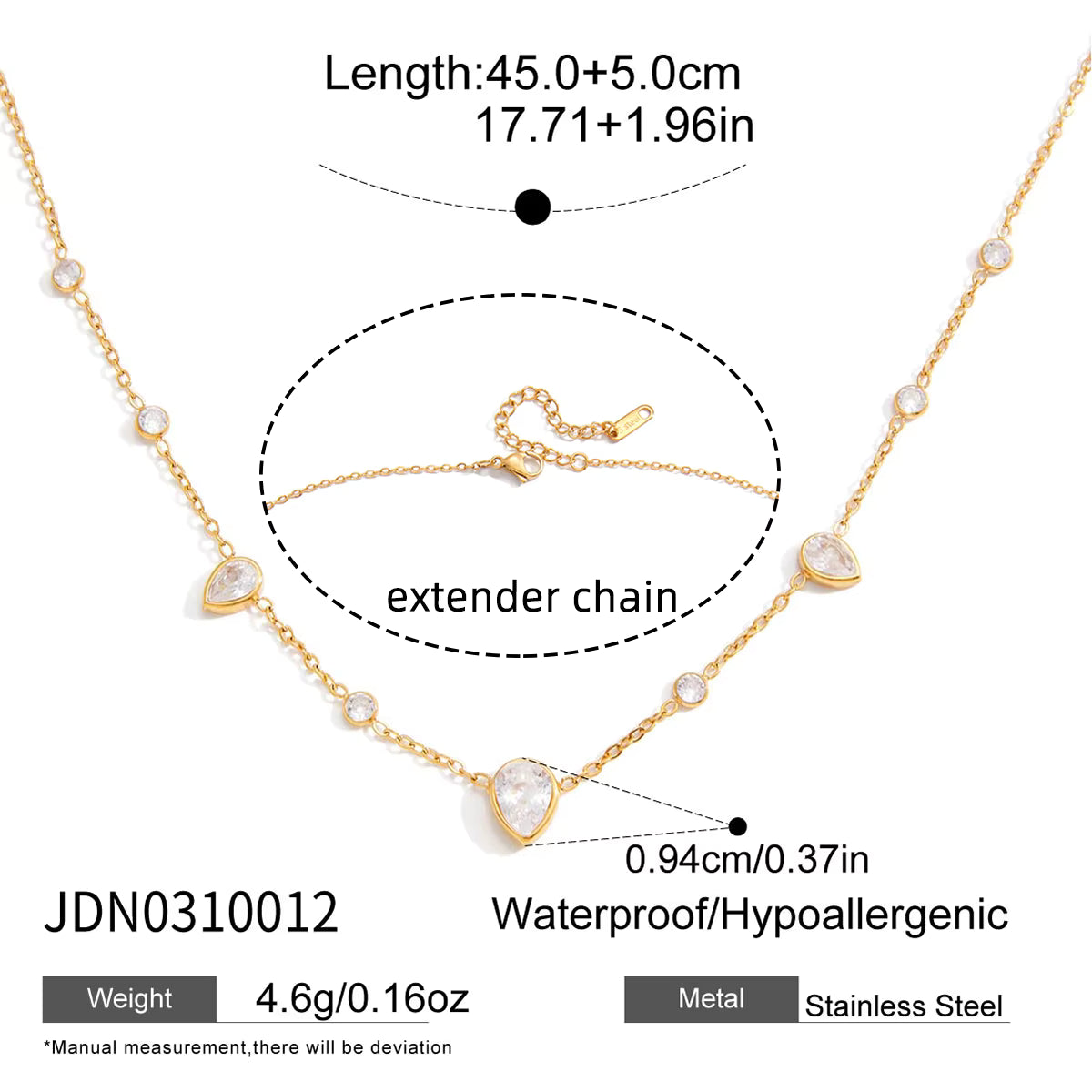 Gold necklace with teardrop-shaped pendant and extender chain, showing measurements and material details.