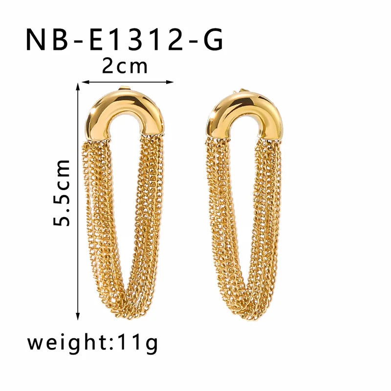 Gold chain earrings with measurements on a white background
