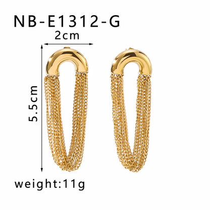 Gold chain earrings with measurements on a white background