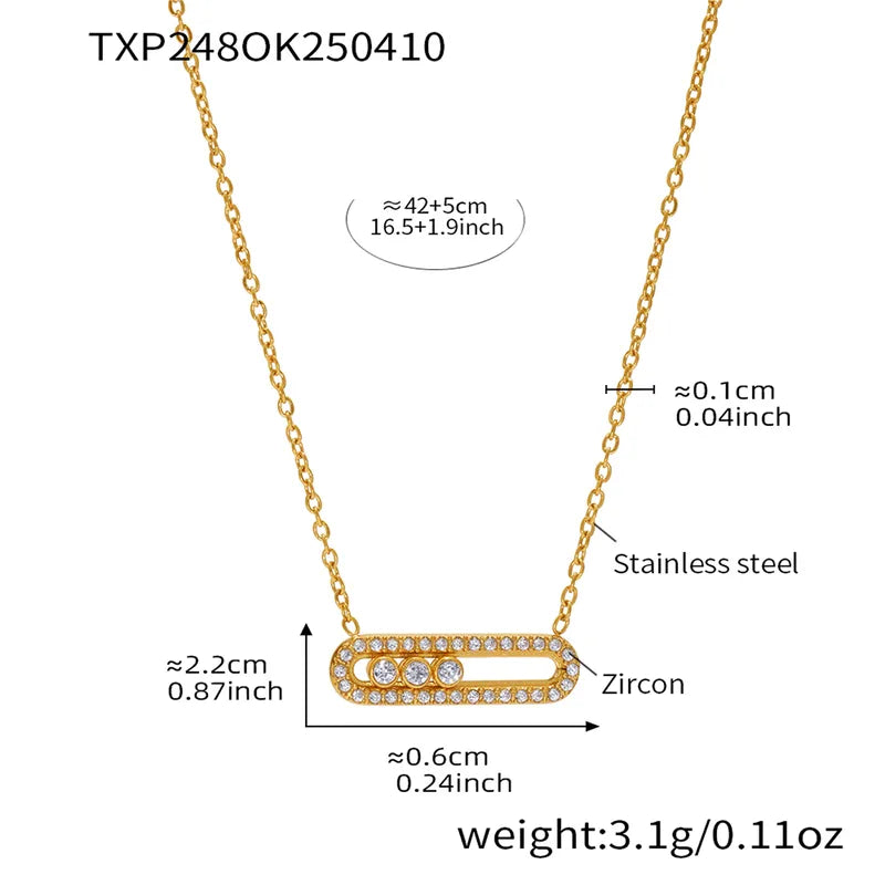 Gold necklace with measurements and material details on a white background