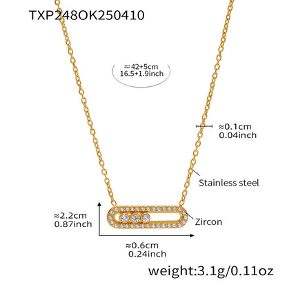 Gold necklace with measurements and material details on a white background