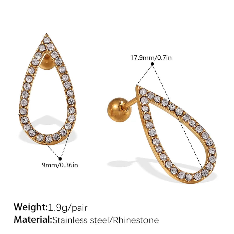 Gold teardrop-shaped earrings with rhinestones, shown with measurements and material details.