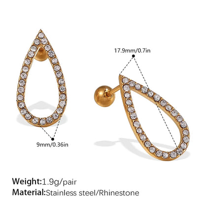 Gold teardrop-shaped earrings with rhinestones, shown with measurements and material details.
