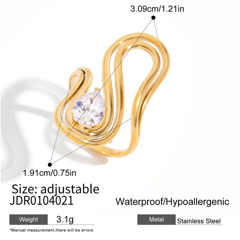 Gold adjustable ring with a gemstone, showing measurements and material details on a white background.