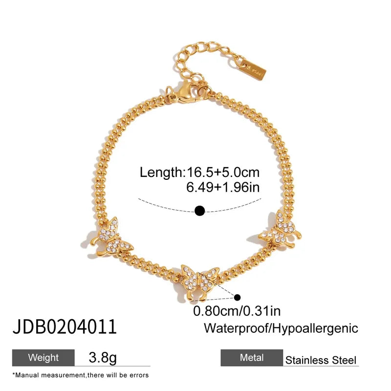 Gold bracelet with butterfly designs and measurement details on a white background