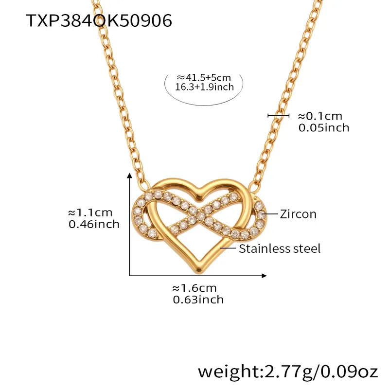 Gold necklace with heart and infinity design, labeled with measurements and material details.