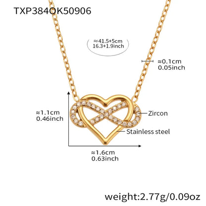 Gold necklace with heart and infinity design, labeled with measurements and material details.