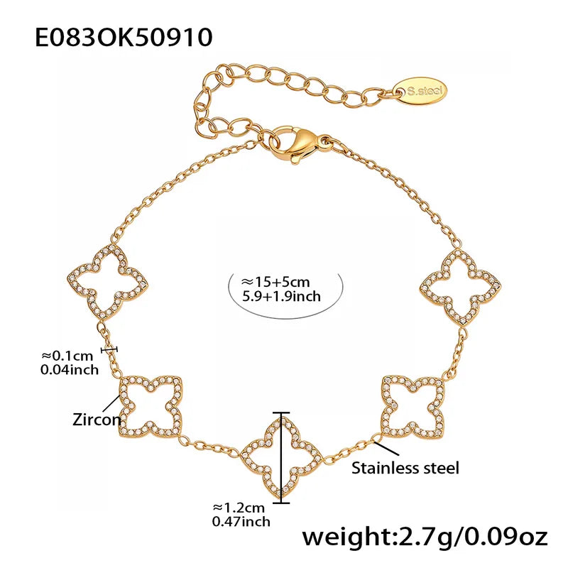 Gold bracelet with measurements and material details on a white background