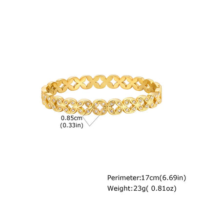 Gold bracelet with measurements and weight details on a white background