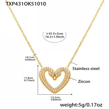 Gold heart-shaped necklace with measurements and material details on a white background