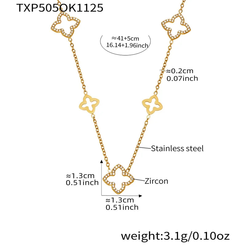 Gold necklace with butterfly designs and measurements on a white background