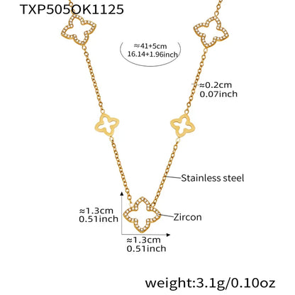 Gold necklace with butterfly designs and measurements on a white background