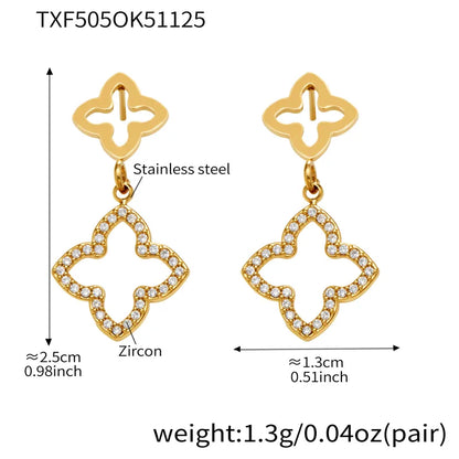 Gold earrings with zircon stones and measurements on a white background