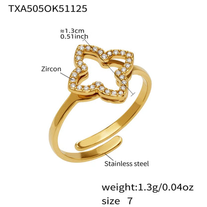 Gold ring with zircon details and specifications on a white background