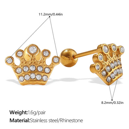 Gold crown-shaped earrings with rhinestones, showing measurements and material details.