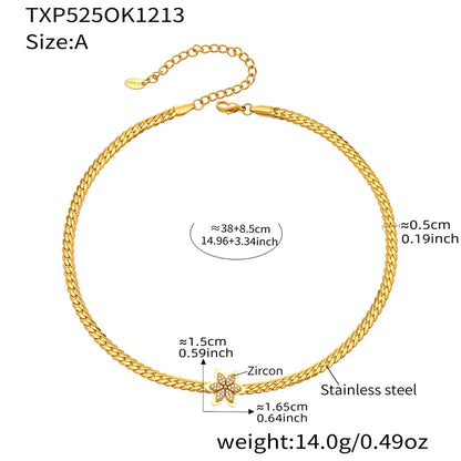 Gold necklace with measurements and details on a white background