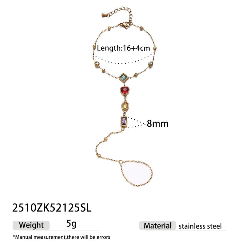 Gold necklace with gemstones and measurements on a white background