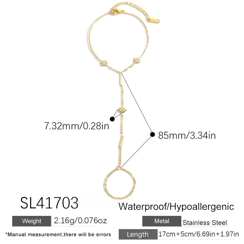 Gold necklace with measurements and product details on a white background