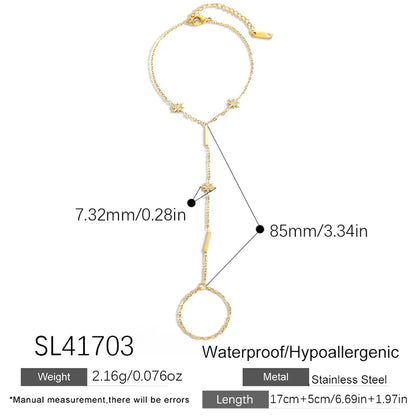 Gold necklace with measurements and product details on a white background