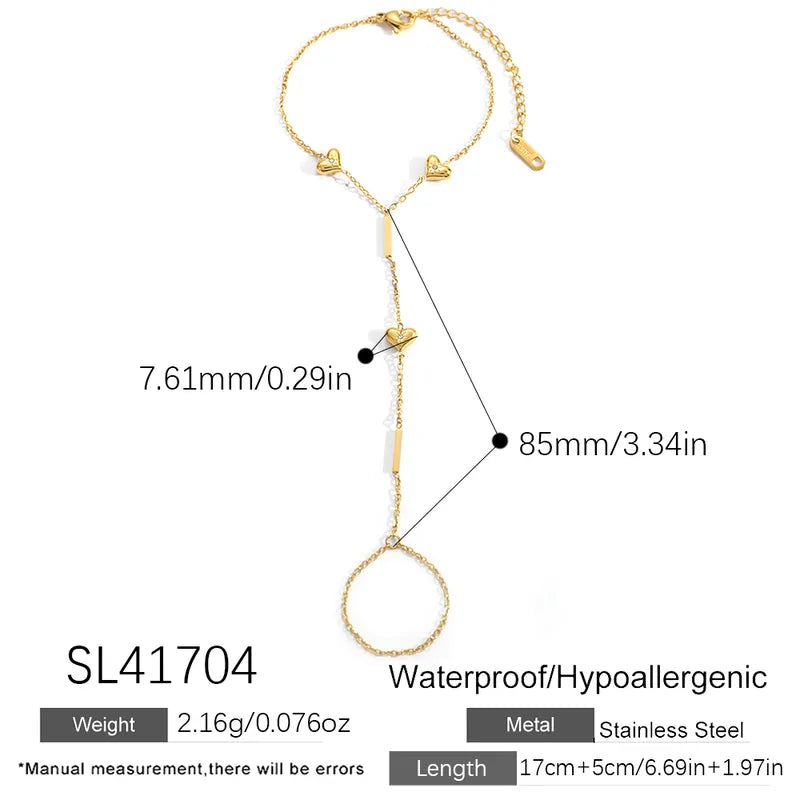 Gold bracelet with measurements and product details on a white background