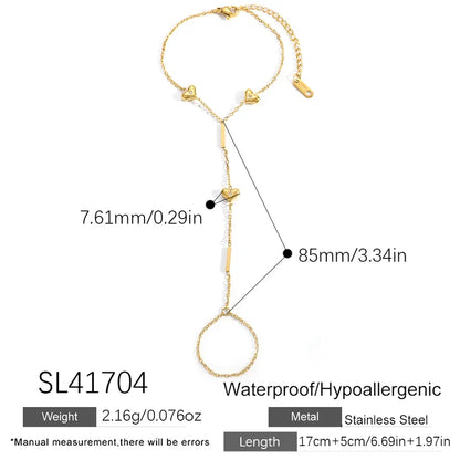 Gold bracelet with measurements and product details on a white background