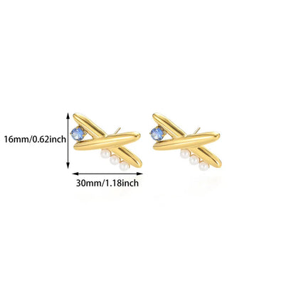 Gold airplane-shaped earrings with pearl accents and blue gemstones, shown with measurements on a white background.