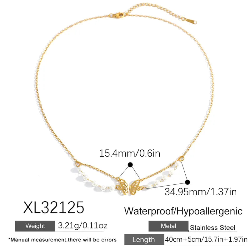 Gold necklace with butterfly pendant and measurement details on a white background