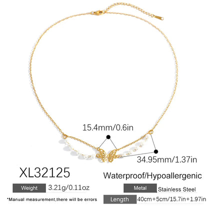 Gold necklace with butterfly pendant and measurement details on a white background