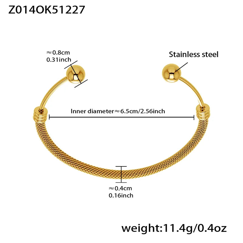 Gold bracelet with measurements and specifications on a white background