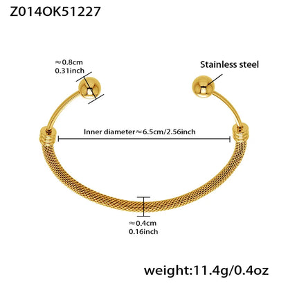 Gold bracelet with measurements and specifications on a white background
