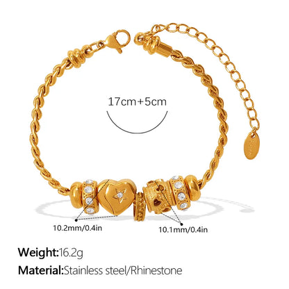 Gold bracelet with heart-shaped beads and measurement details on a white background