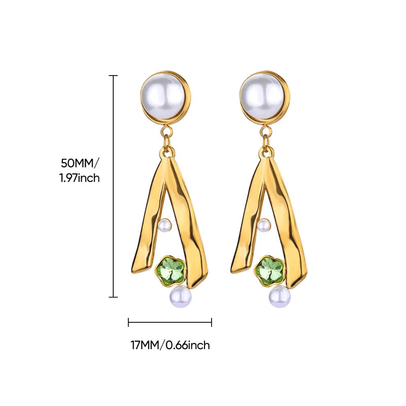 Gold earrings with pearls and green gemstones, shown with measurements on a white background.