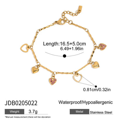 Gold bracelet with heart-shaped charms on a white background
